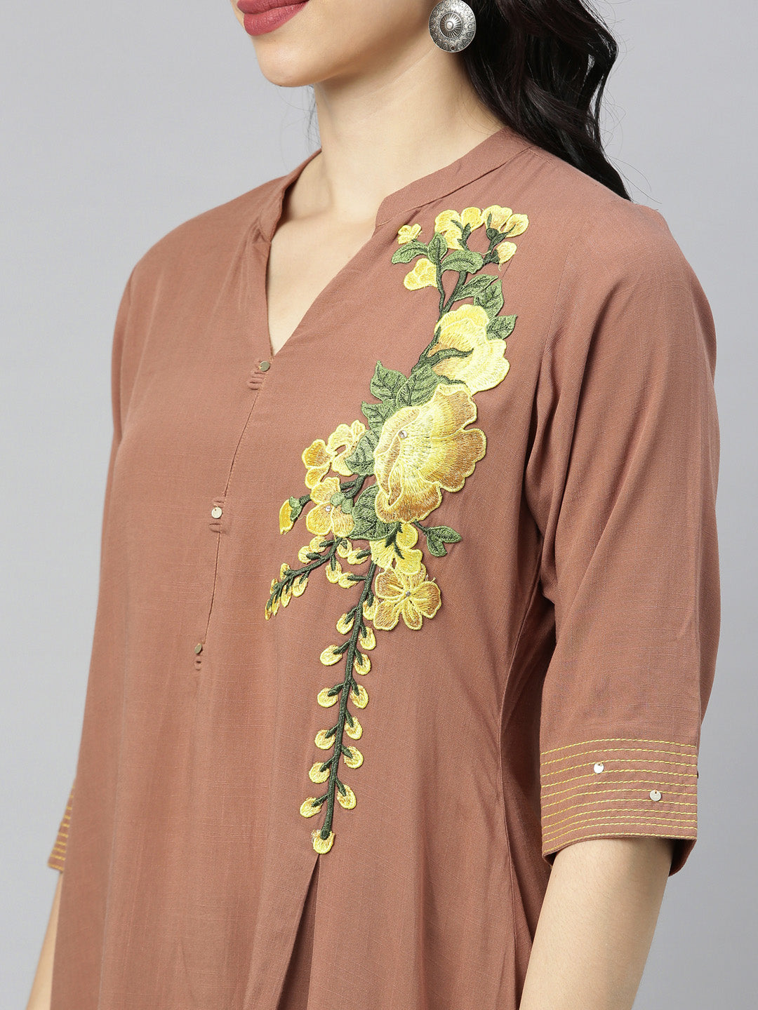 Neeru's Brown Embroidered A Line Kurta