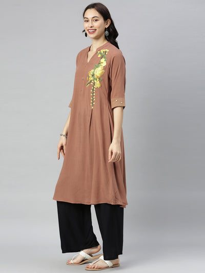 Neeru's Brown Embroidered A Line Kurta