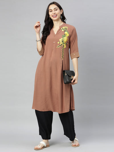 Neeru's Brown Embroidered A Line Kurta