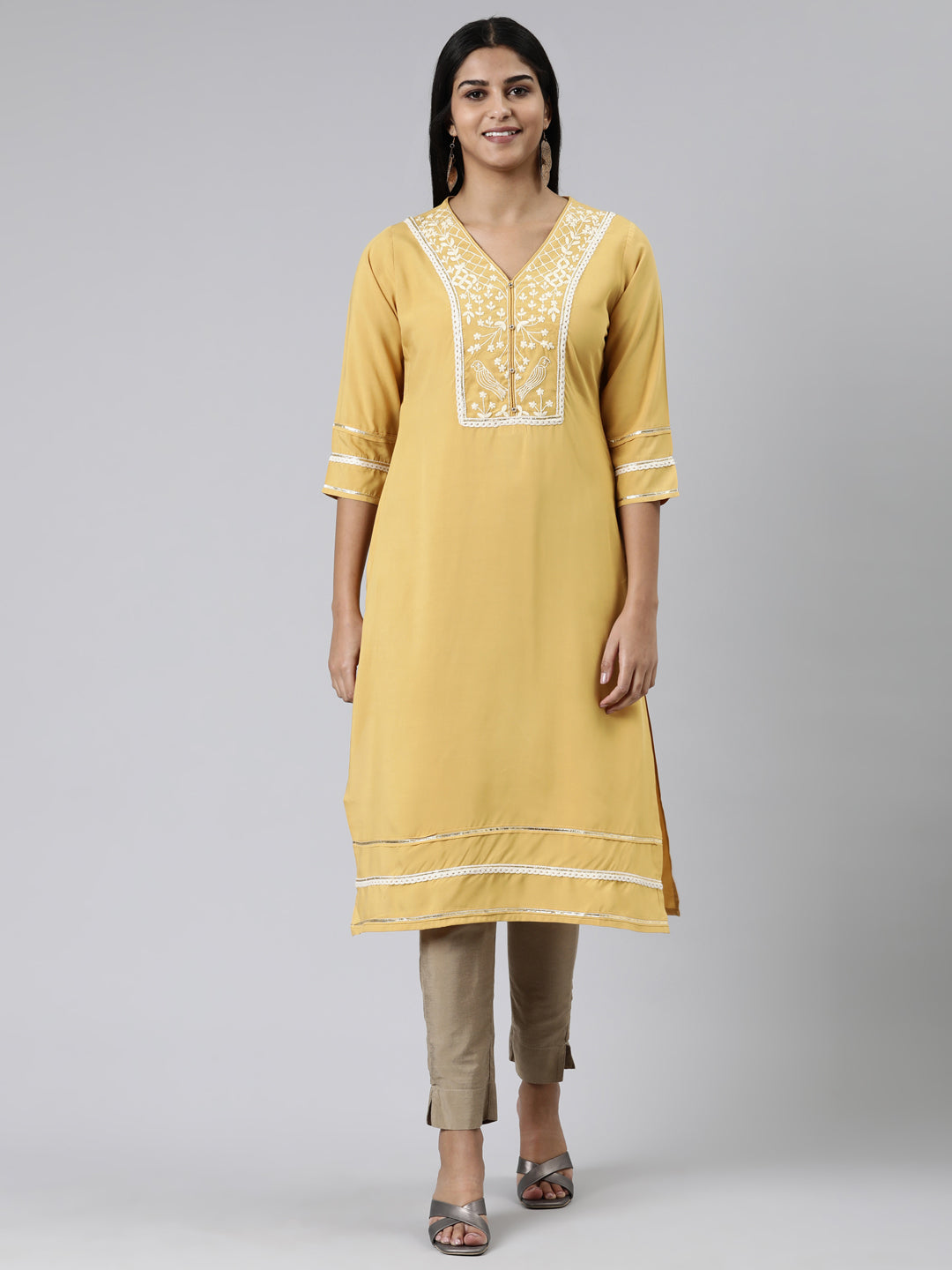 Neeru's Mustard Straight Embroidered Viscose Rayon Kurtas