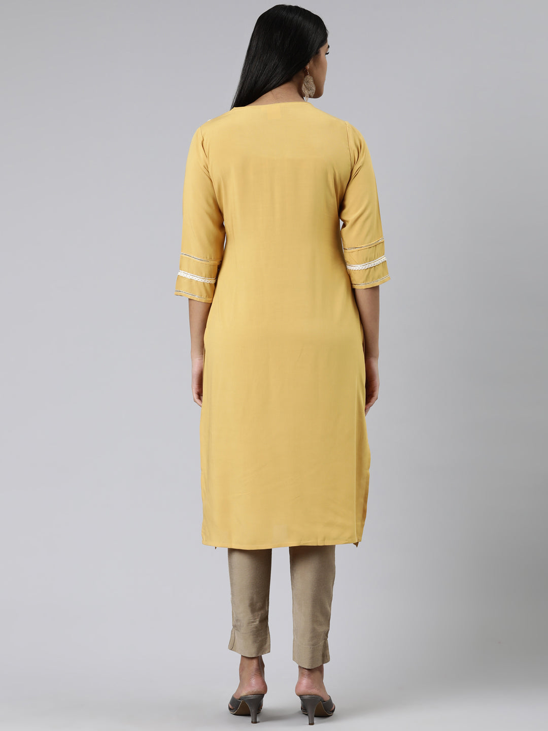 Neeru's Mustard Straight Embroidered Viscose Rayon Kurtas