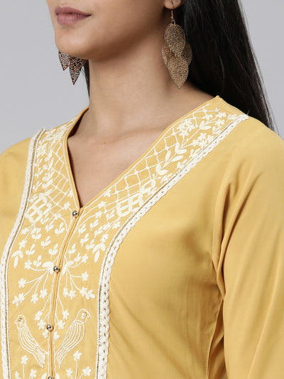 Neeru's Mustard Straight Embroidered Viscose Rayon Kurtas