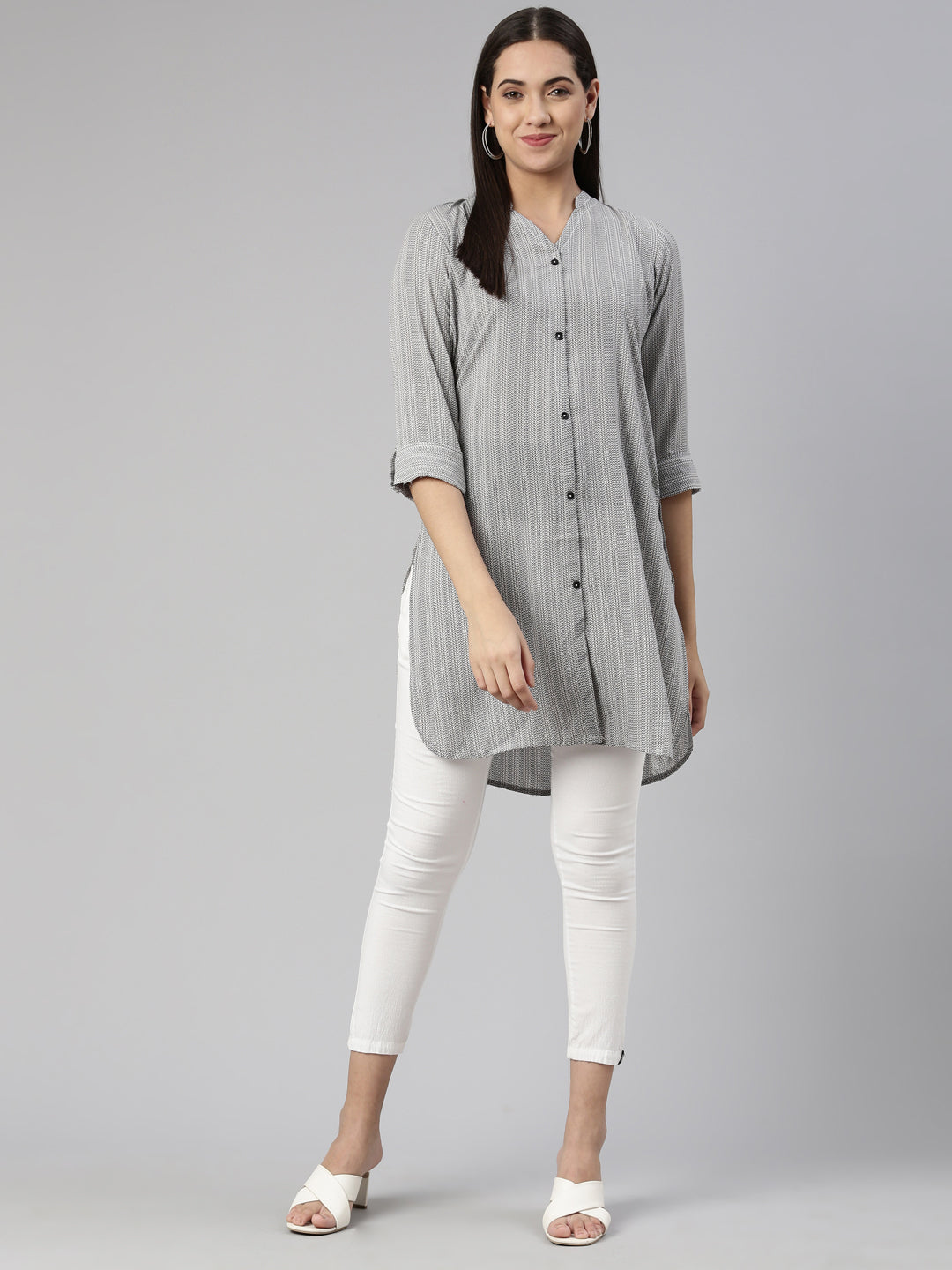 Neeru's Grey Curved Cotton Silk Kurtas