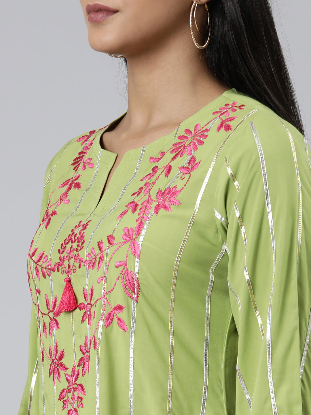 Neeru's Green Regular Calf Length Solid Kurta Solid Trousers