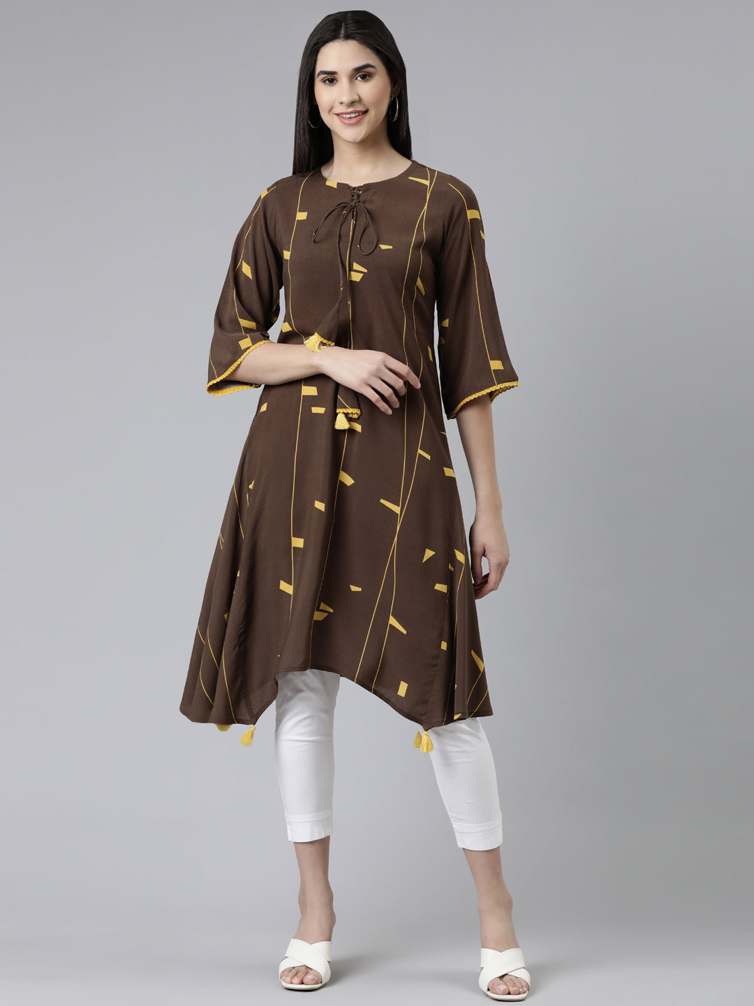 Neeru's Brown Curved Printed Cotton Kurtas