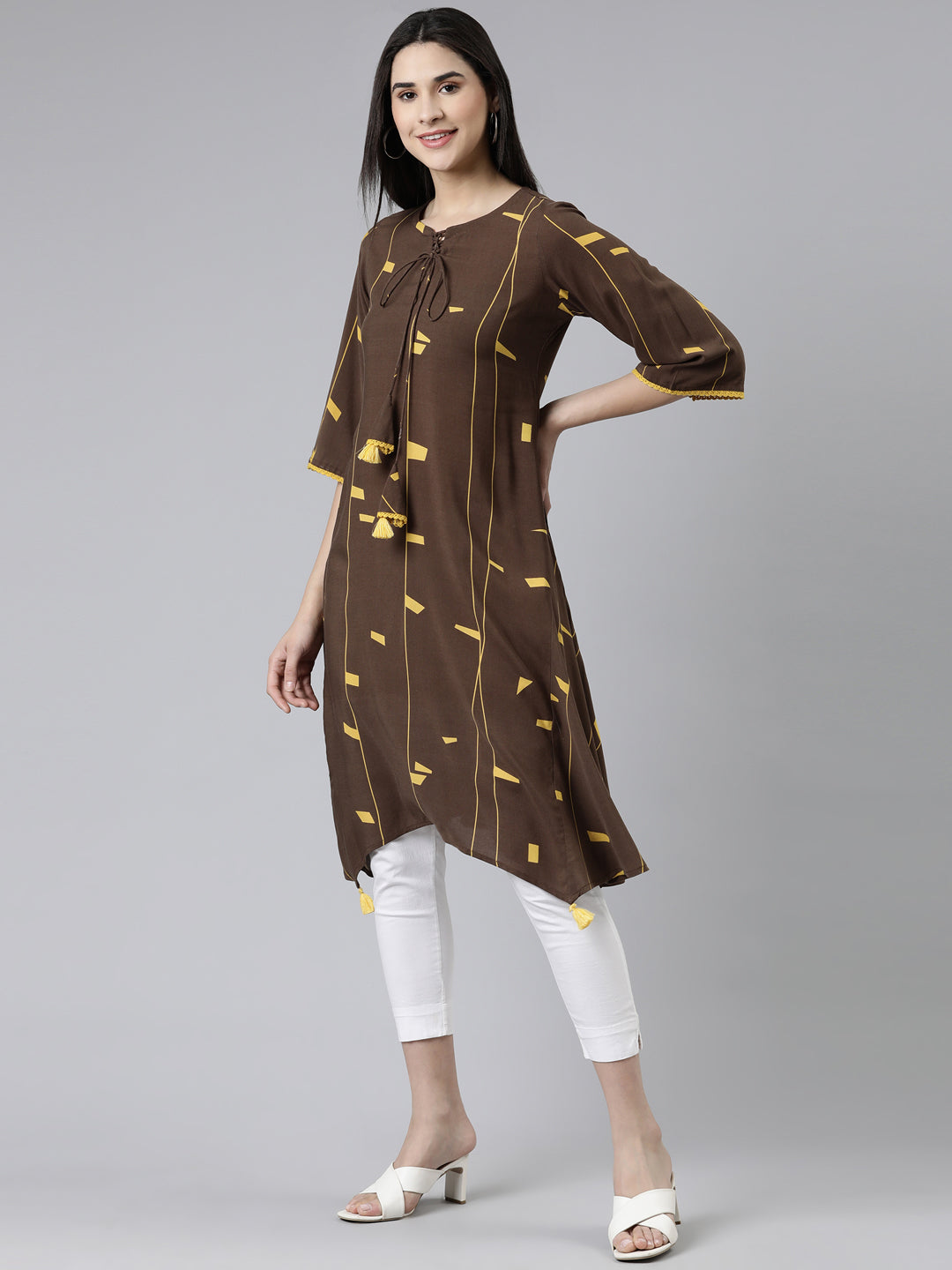 Neeru's Brown Curved Printed Cotton Kurtas