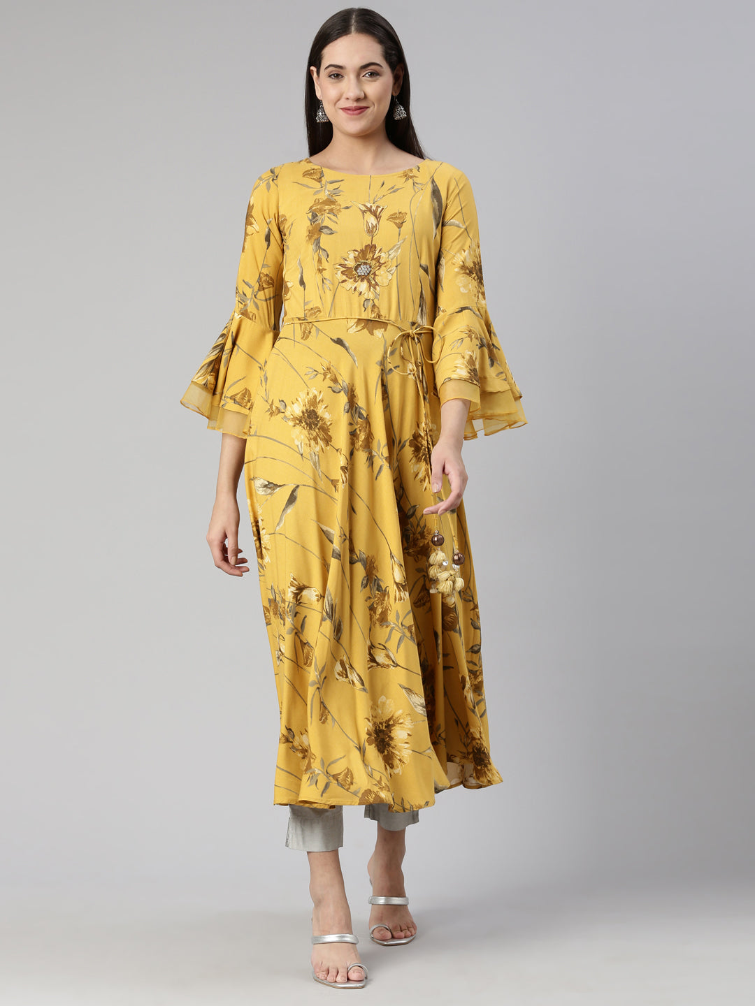 Neeru's Mustard Anarkali Straight Cotton Silk Kurtas