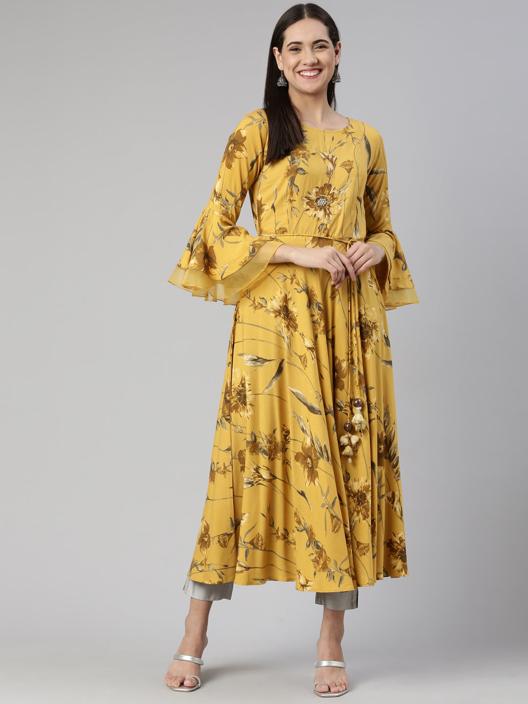 Neeru's Mustard Anarkali Straight Cotton Silk Kurtas