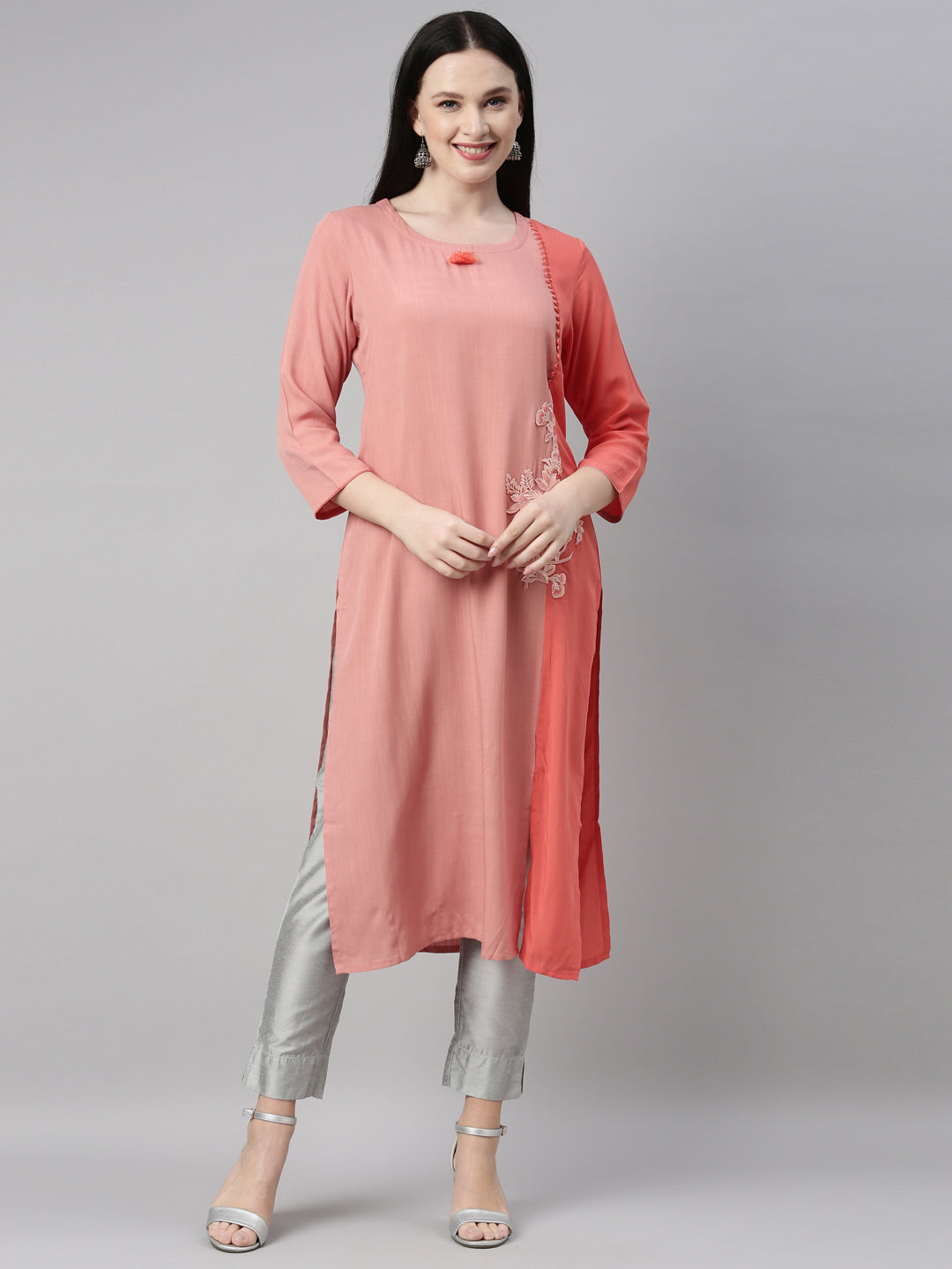 Neeru's Peach Color Slub Riyon Fabric Kurta