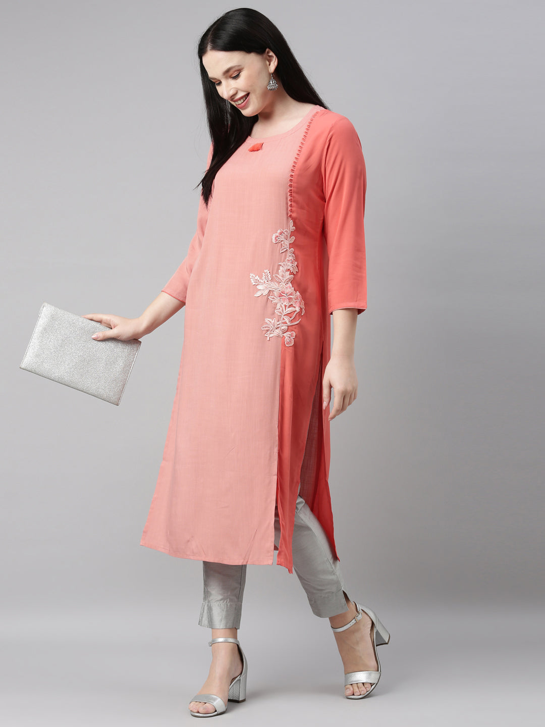 Neeru's Peach Color Slub Riyon Fabric Kurta