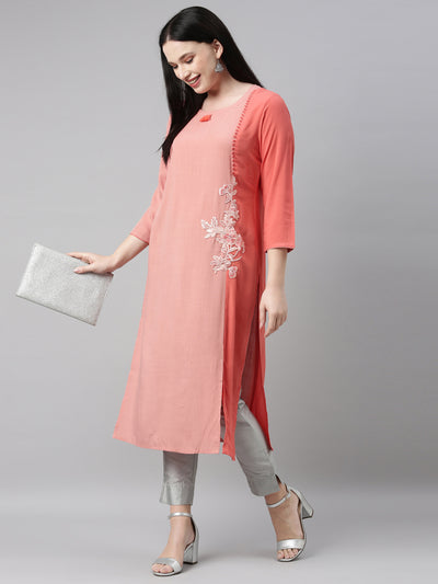 Neeru's Peach Color Slub Riyon Fabric Kurta