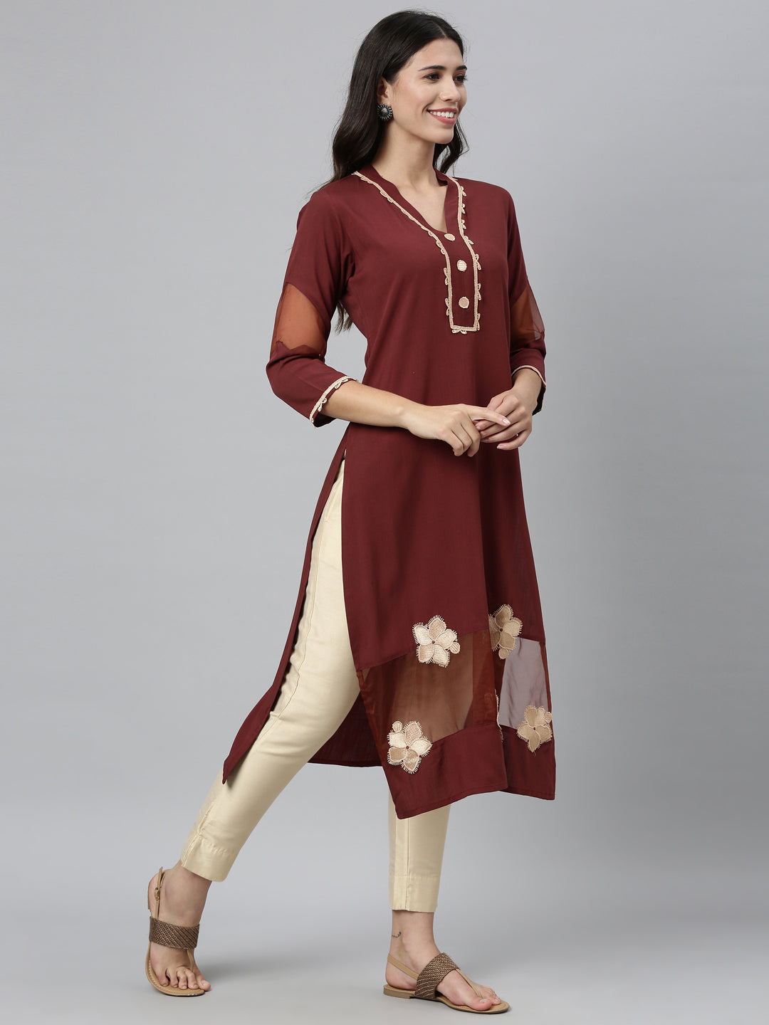 Neeru's Brown Color Slub Rayon Fabric Kurta