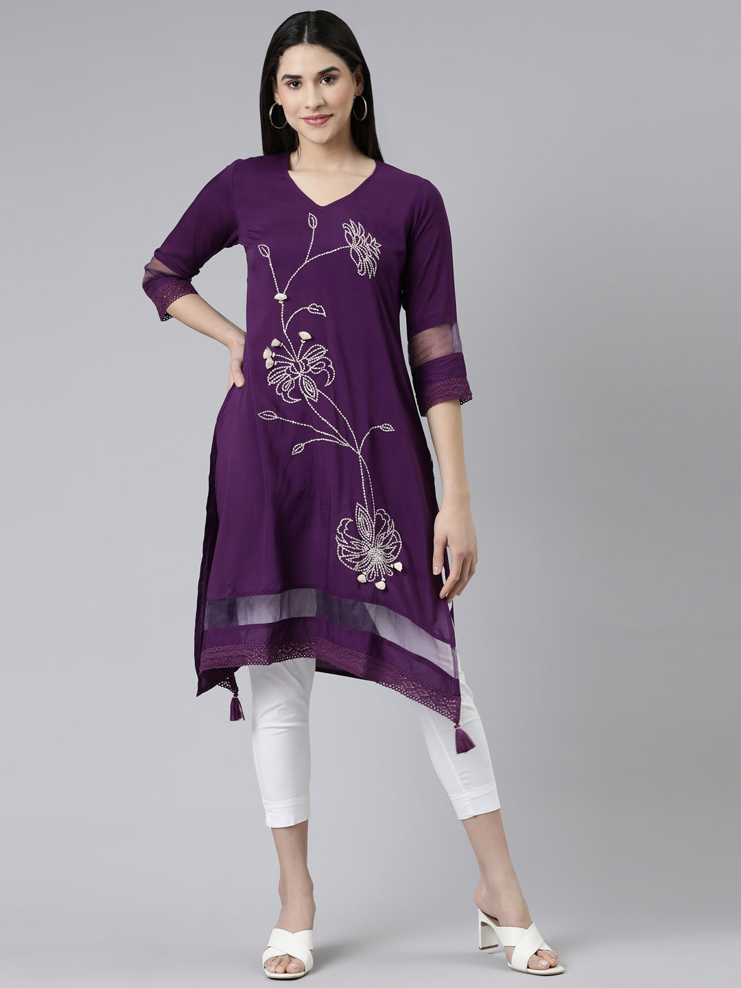 Neeru's Purple Curved Solid Cotton Silk Kurtas