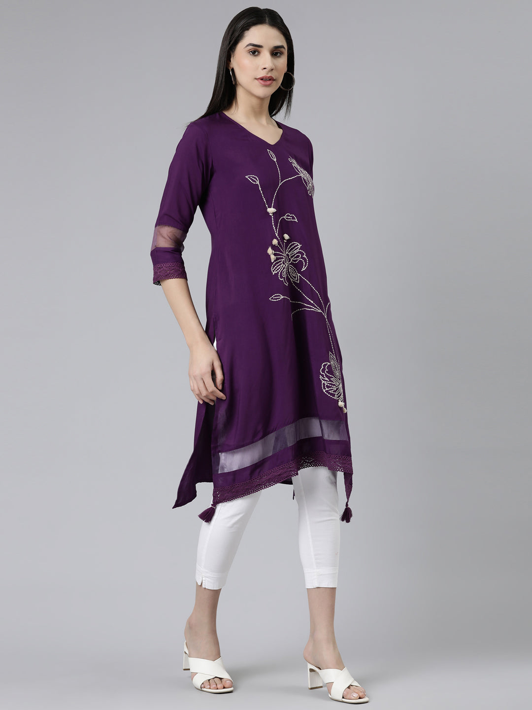 Neeru's Purple Curved Solid Cotton Silk Kurtas