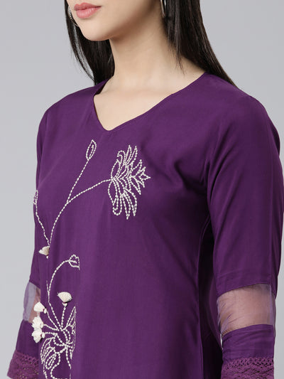 Neeru's Purple Curved Solid Cotton Silk Kurtas