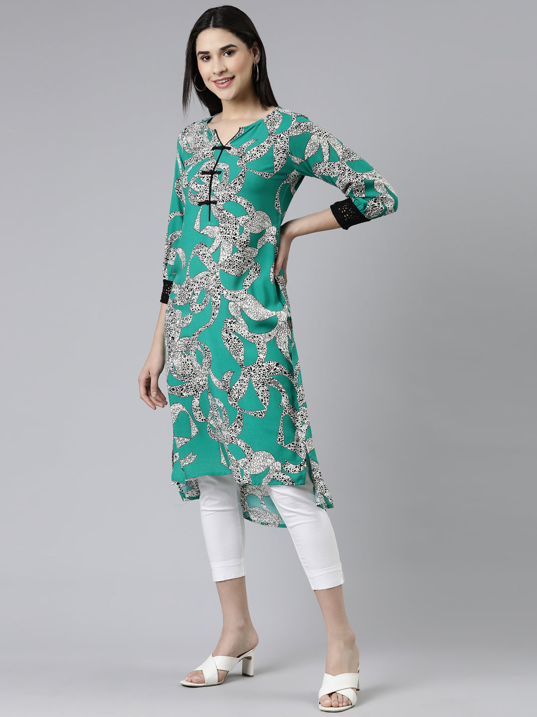 Neeru's Green Curved Printed Cotton Silk Kurtas