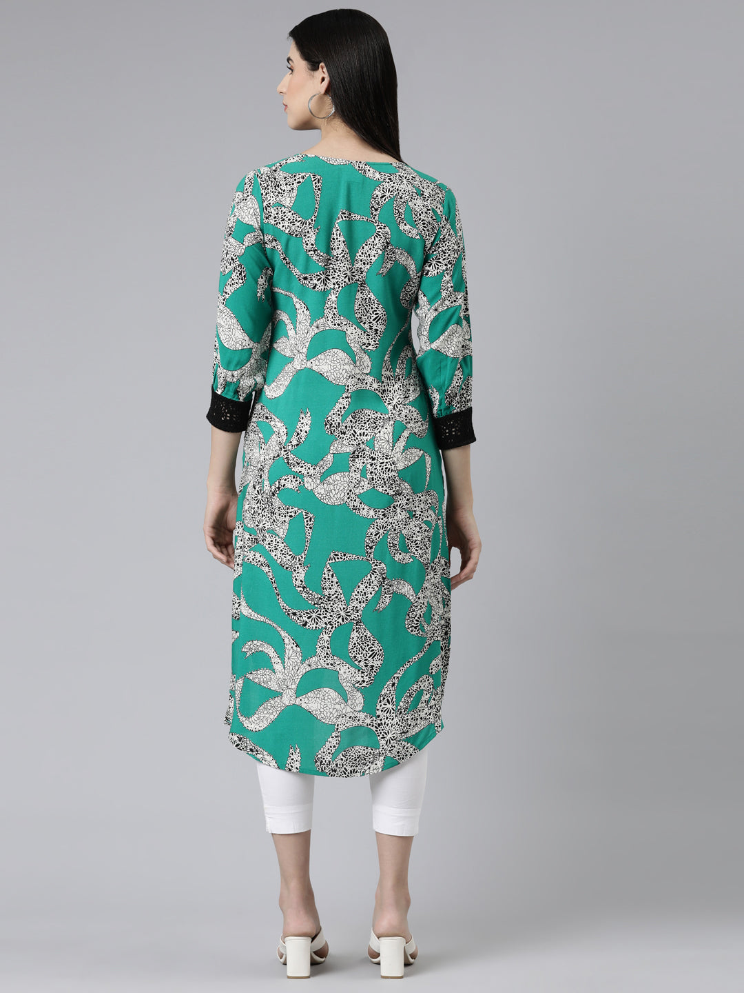 Neeru's Green Curved Printed Cotton Silk Kurtas