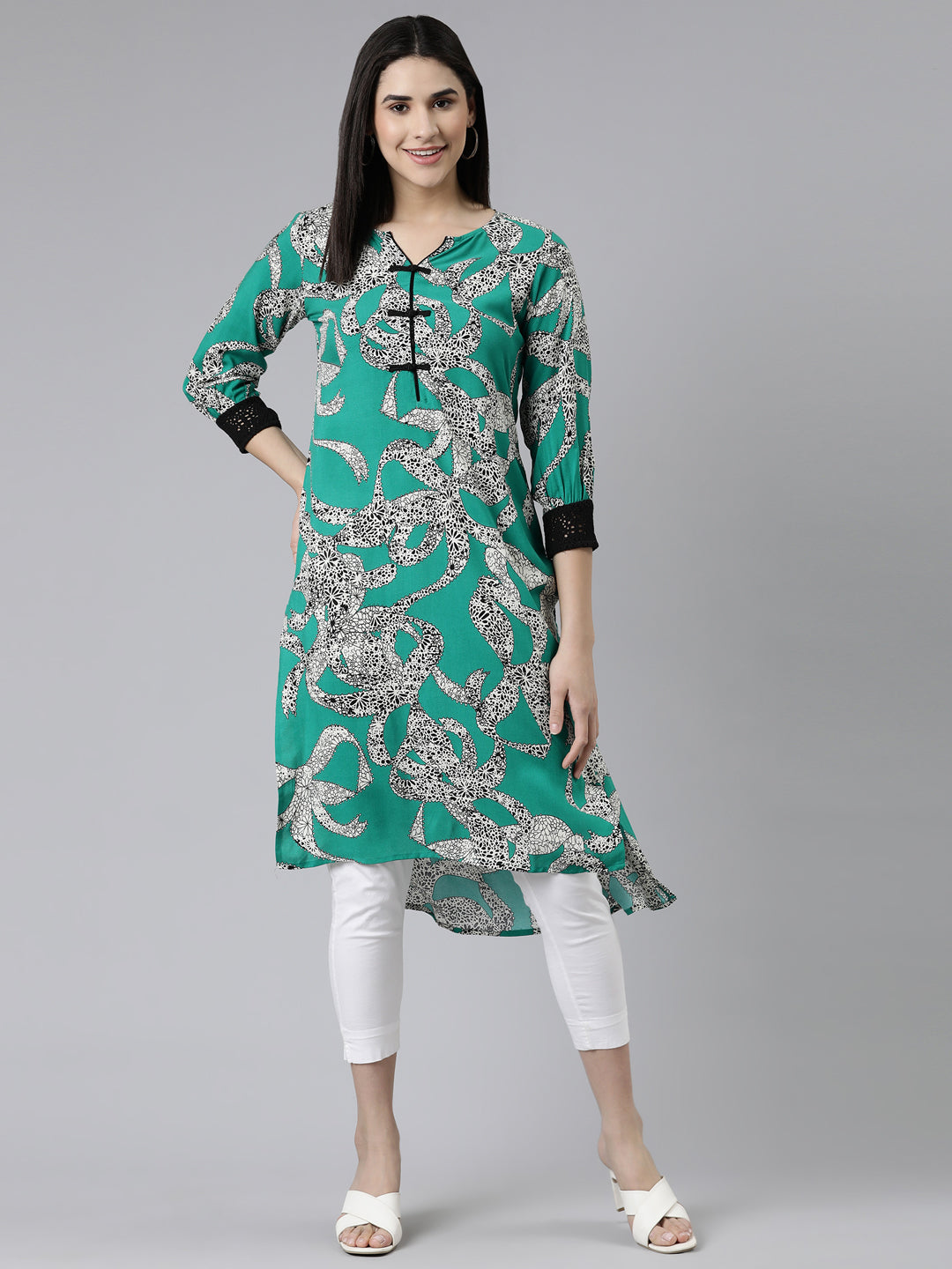 Neeru's Green Curved Printed Cotton Silk Kurtas