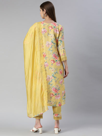 Neeru's Women M Green Printed Calf Length Kurta And Trousers With Dupatta