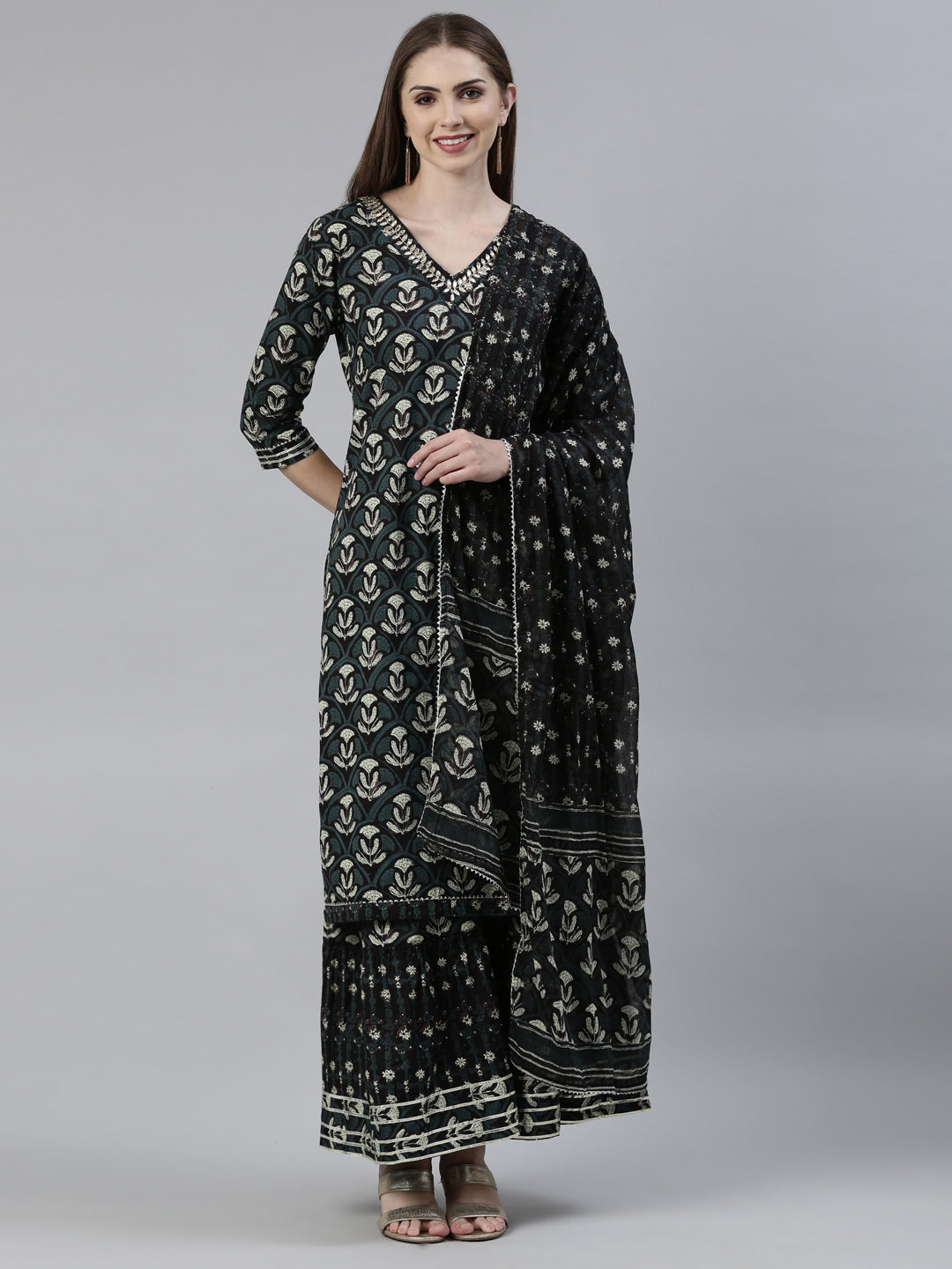 Neeru's Grey Regular Knee Length Printed Kurta Printed Sharara With Dupatta