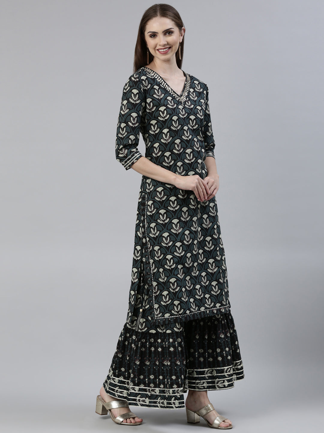 Neeru's Grey Regular Knee Length Printed Kurta Printed Sharara With Dupatta