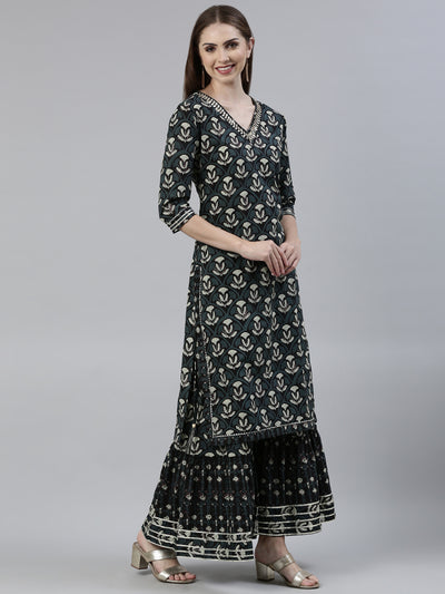 Neeru's Grey Regular Knee Length Printed Kurta Printed Sharara With Dupatta