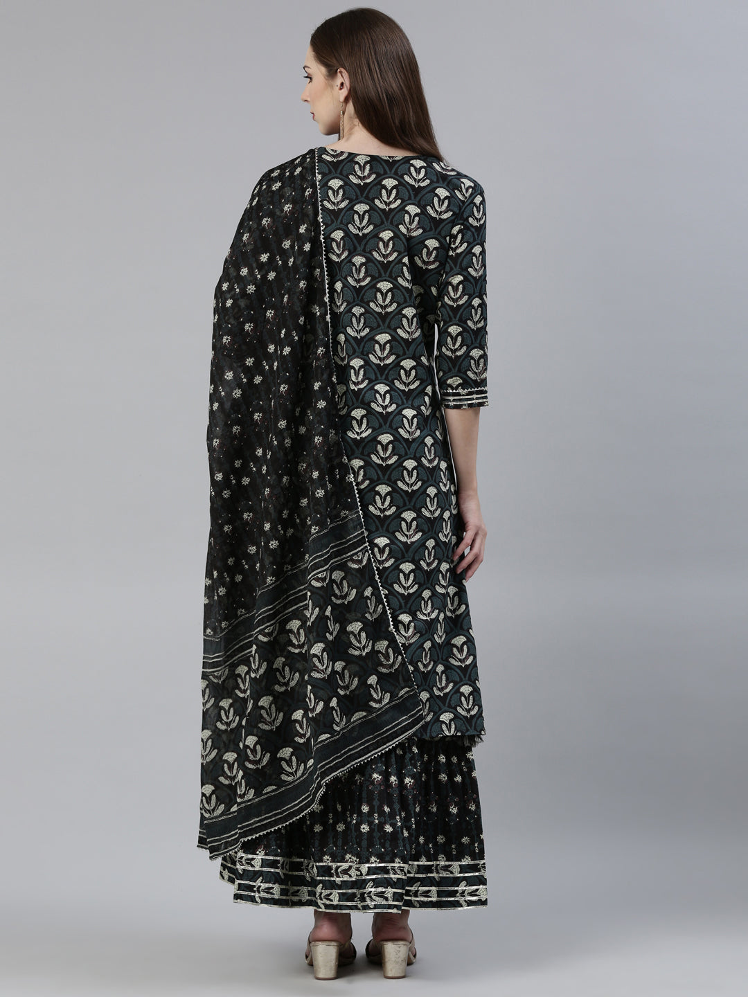 Neeru's Grey Regular Knee Length Printed Kurta Printed Sharara With Dupatta