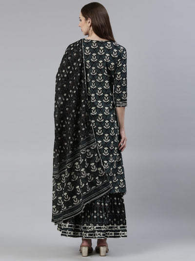 Neeru's Grey Regular Knee Length Printed Kurta Printed Sharara With Dupatta