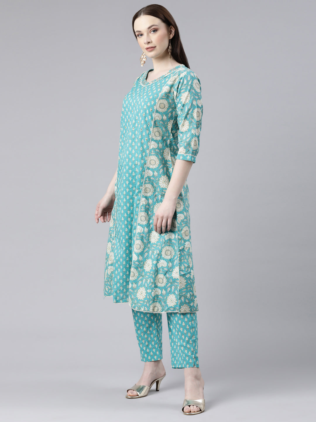 Neeru's Green Regular Knee Length Printed Kurta Printed Trousers With Dupatta