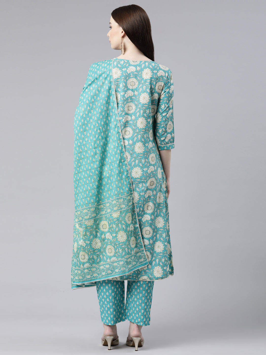 Neeru's Green Regular Knee Length Printed Kurta Printed Trousers With Dupatta