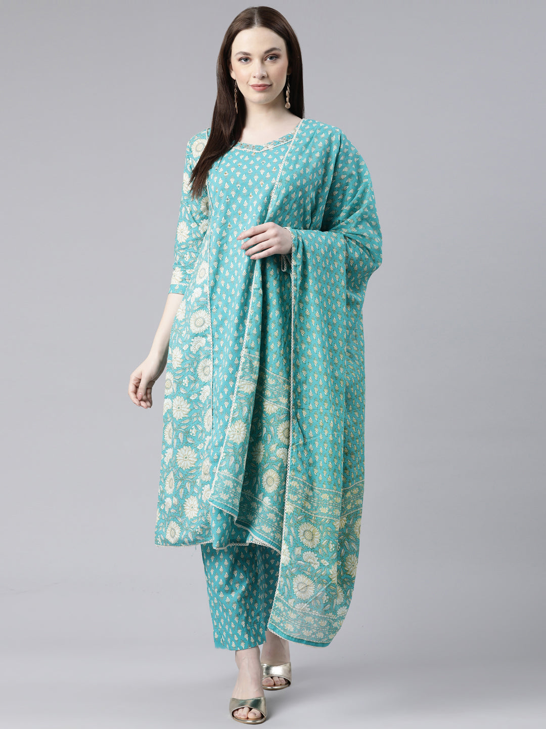 Neeru's Green Regular Knee Length Printed Kurta Printed Trousers With Dupatta