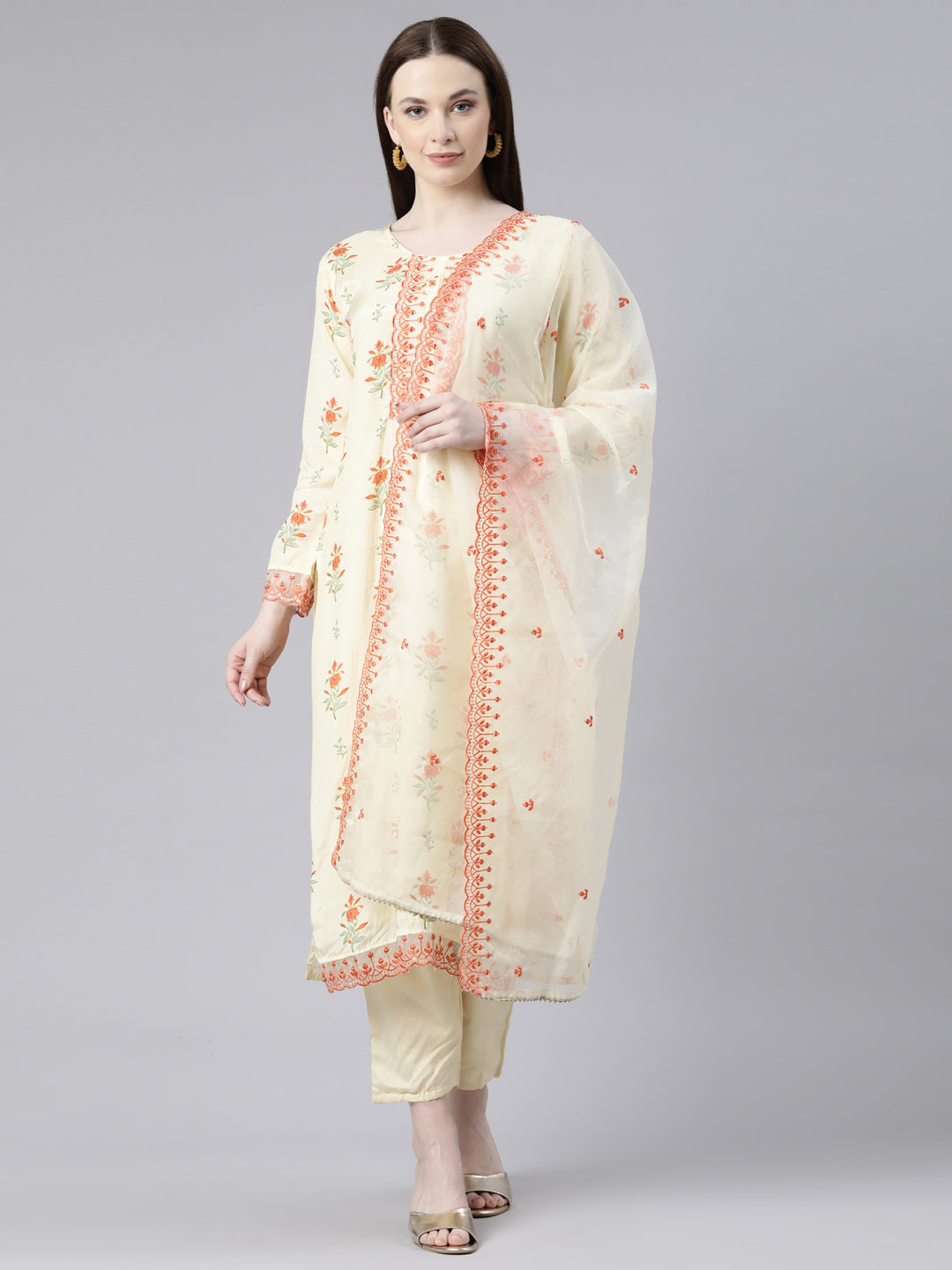 Neeru's Lime Green Regular Knee Length Printed Kurta Embroidered Palazzos With Dupatta