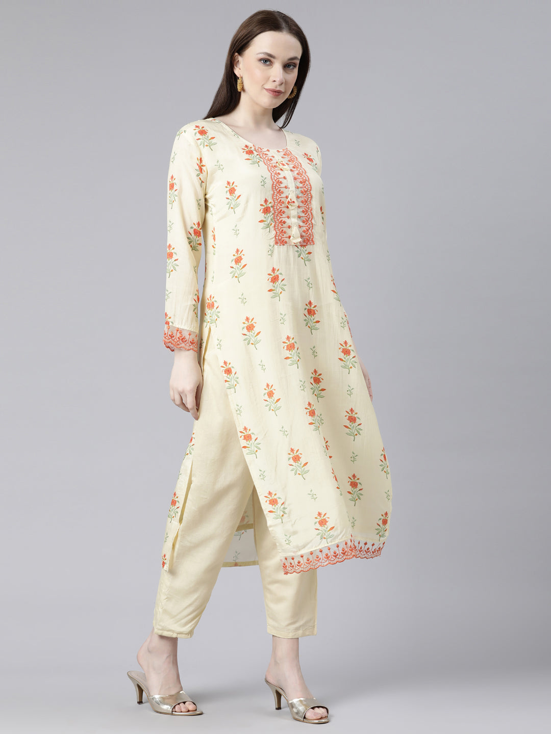 Neeru's Lime Green Regular Knee Length Printed Kurta Embroidered Palazzos With Dupatta