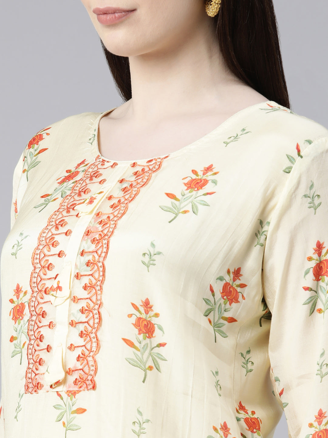 Neeru's Lime Green Regular Knee Length Printed Kurta Embroidered Palazzos With Dupatta